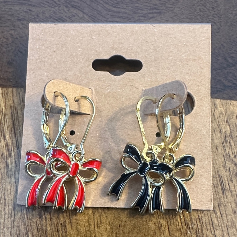 Red and Black Bow Earrings 24k over stainless steel